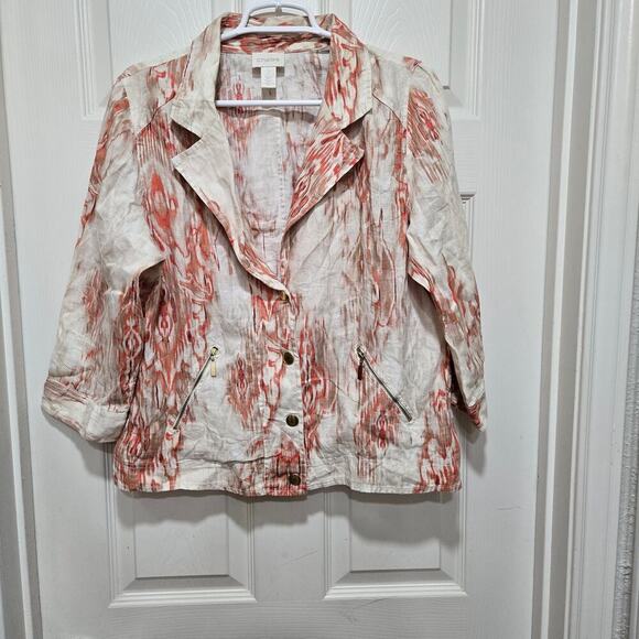 Chico’s Linen Blend Jacket Size 2 Large Peach Coral Abstract Print - Picture 5 of 10